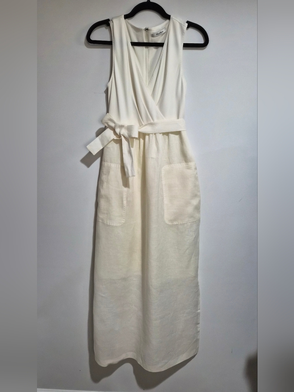 MaxMara Cream Sleeveless V-Neck Belted Maxi Dress